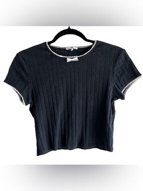 Reformation black white trim bow cropped round neck cropped babydoll tee size M